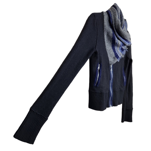 Free People Black Wool Sweater Jacket with Attached Stiped Scarf Women's XL - Picture 3 of 10